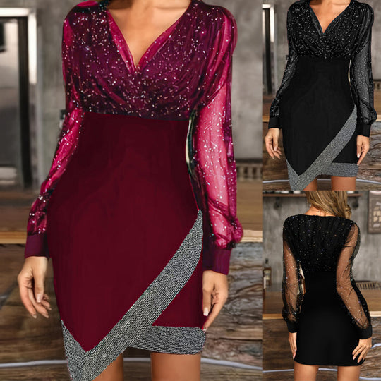Damen Elegantes Wickelkleid mit funkelnden Details und transparenten Ärmeln EB