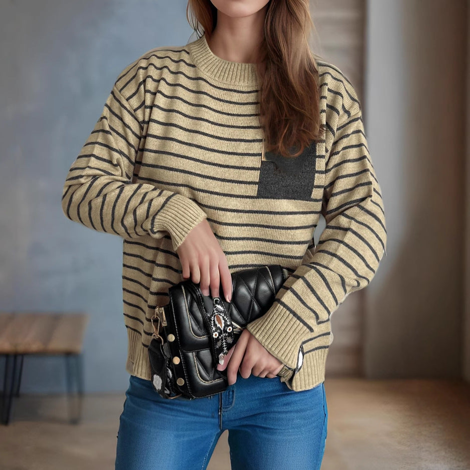 Damen lässiger Strickpullover mit breitem Streifenmuster und überschnittenen Schultern EB