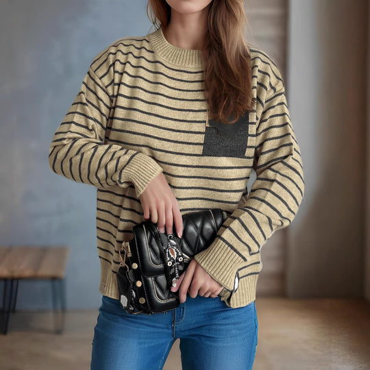 Damen lässiger Strickpullover mit breitem Streifenmuster und überschnittenen Schultern EB