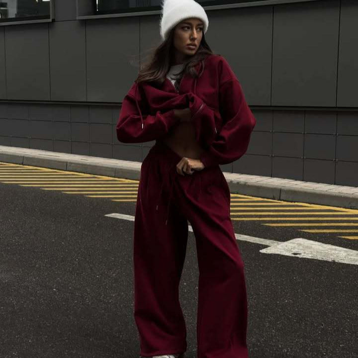 Damen oversized Kapuzenjacke mit Reißverschluss und weiten Jogginghose Lounge-Set EB
