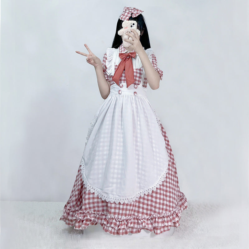 Damen nan vintage-inspiriertes Lolita-Kleid mit Karomuster Volants und abnehmbarer Schürze EB
