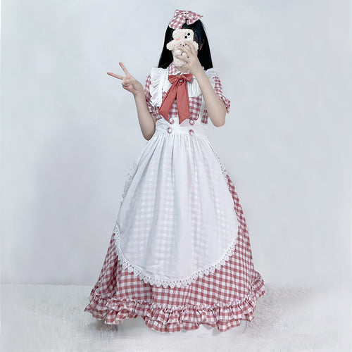 Damen nan vintage-inspiriertes Lolita-Kleid mit Karomuster Volants und abnehmbarer Schürze EB