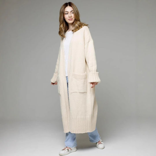 Damen bequemer langer Strickcardigan mit Taschen und breiten Ärmeln EB