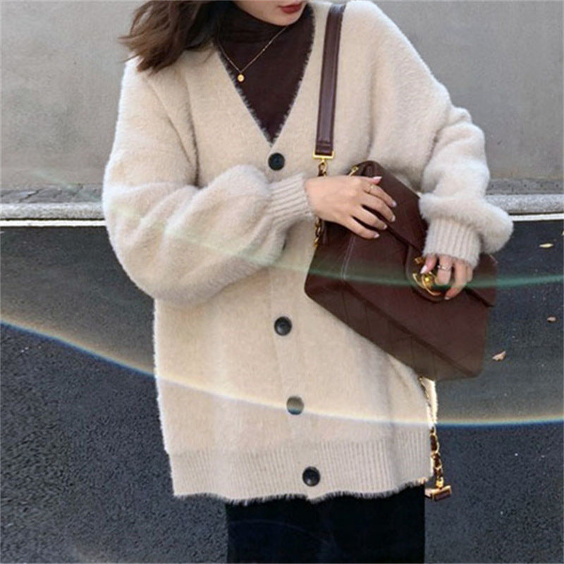 Damen Flauschiger Strickcardigan mit V-Ausschnitt und praktischen Knöpfen EB