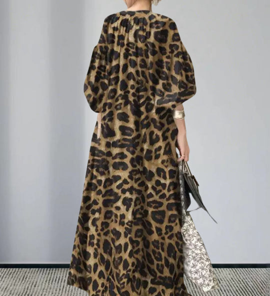 Damen Langarm Maxi-Kleid im auffälligen Leopardenmuster EB