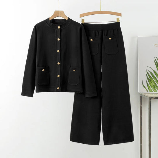 Damen gemütliches Strick-Loungewear-Set mit Knopfdetaillierung und aufgesetzten Taschen EB