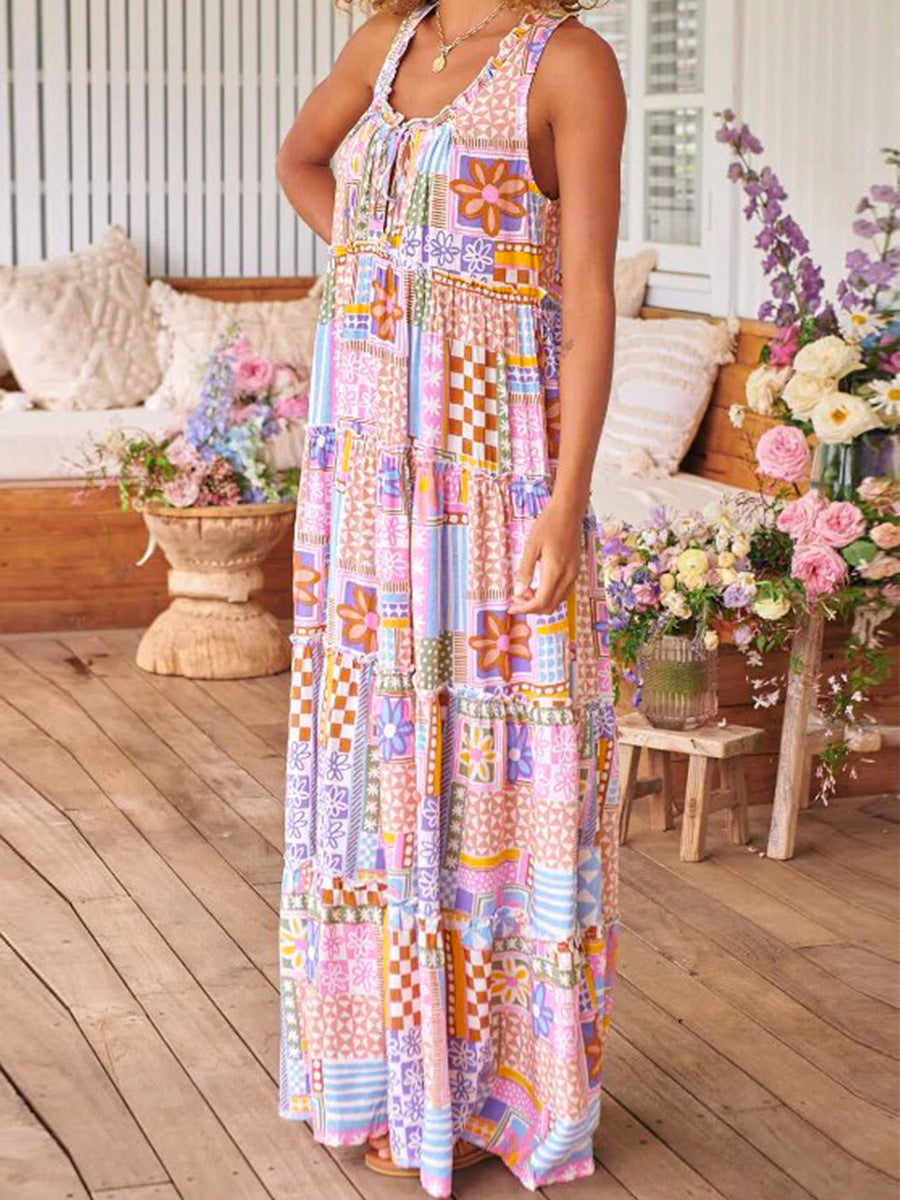 Damen Maxikleid mit buntem Patchwork-Muster EB