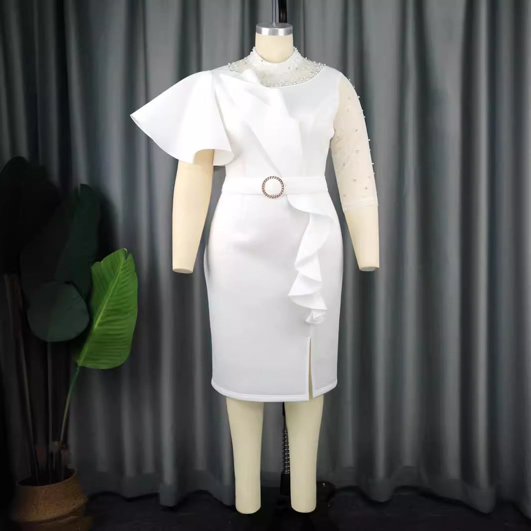 Damen Cocktailkleid mit asymmetrischem Rüschendesign und dekorativen Perlenakzenten EB