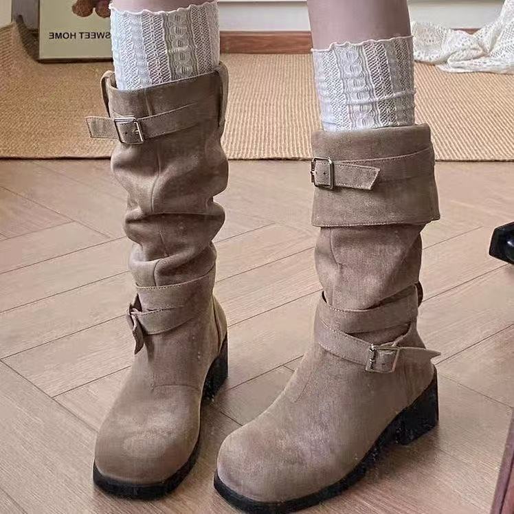 Damen Elegante Stiefel mit modischem Schnallenverschluss und blockigem Absatz EB