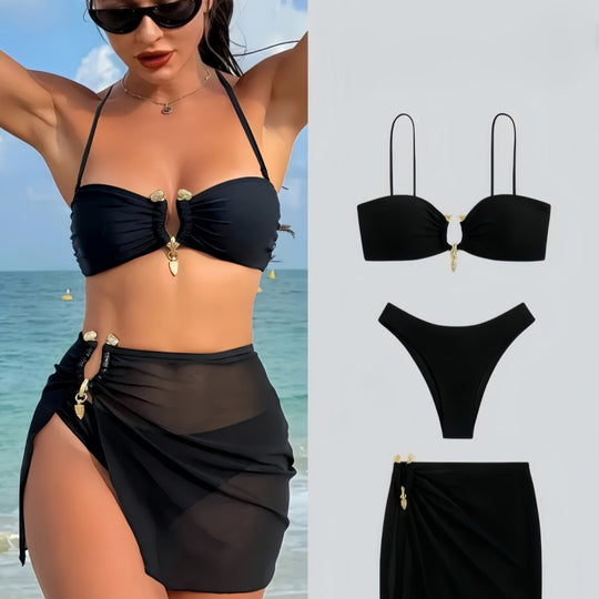 Damen Bandeau-Bikini Set mit eleganter Rock-Overlay EB