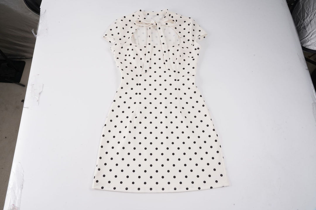 Damen Polka-Dots Minikleid mit modernem Kragen und verspieltem Schleifendetail EB