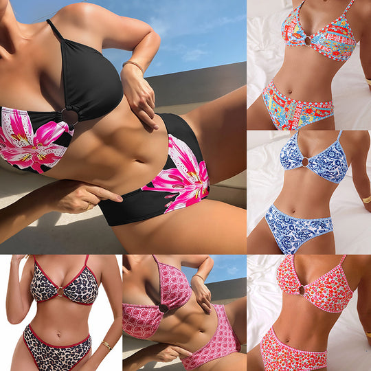 Damen Triangel-Bikini mit buntem Fruchtmotiv und dekorativem Schlüsselring EB
