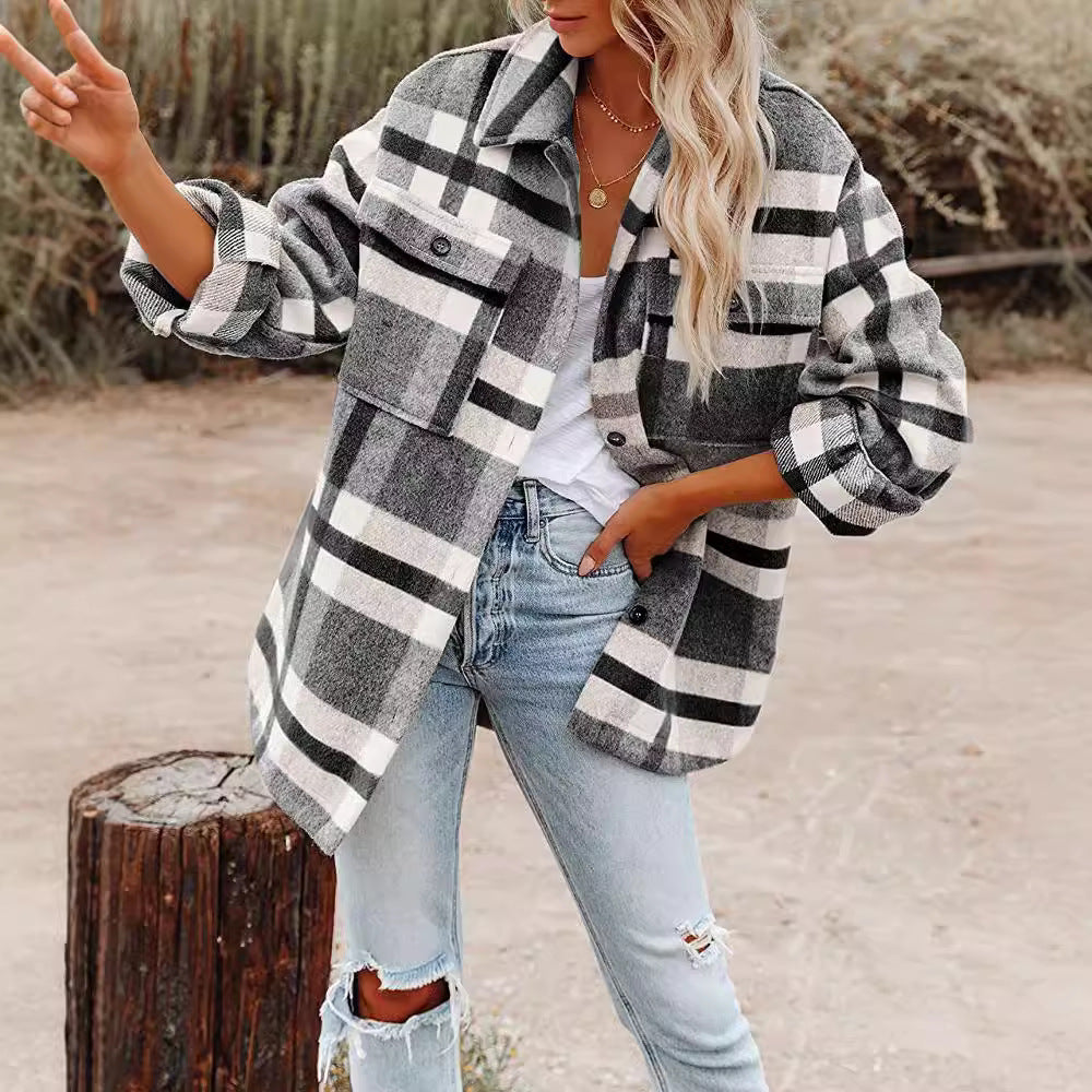 Damen Flanell Overshirt mit kariertem Muster und praktischen Brusttaschen EB