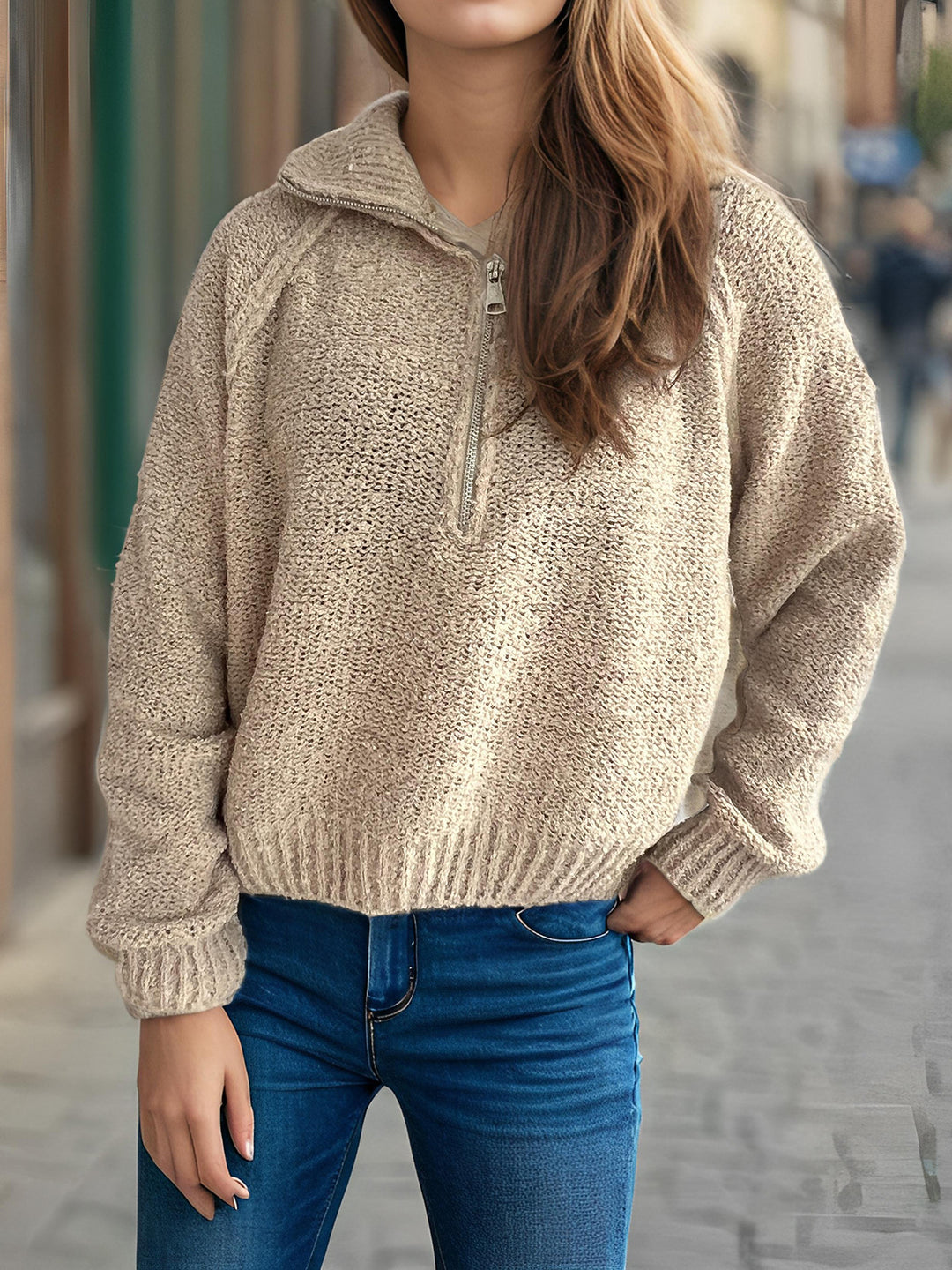 Damen lässiger Zip-Pullover mit oversized Schnitt und hohem Kragen EB