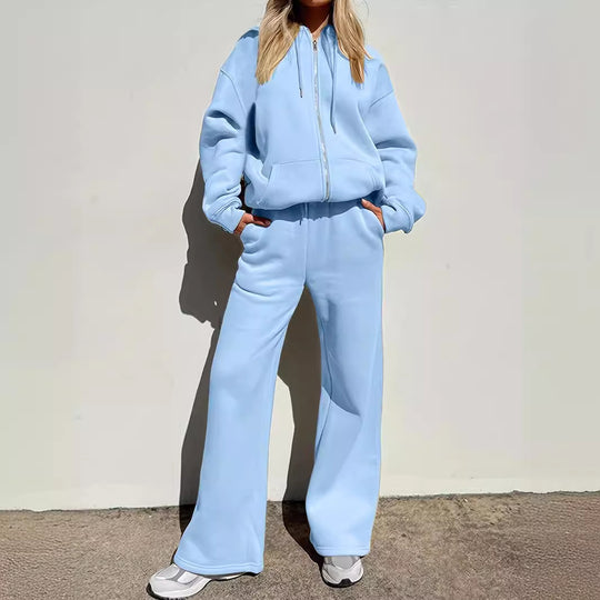 Damen bequemer und stilvoller Loungewear-Anzug mit zipbarem Hoodie und weitem Bein EB