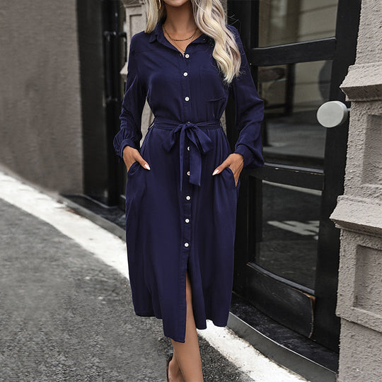 Damen Midi-Hemdblusenkleid mit taillierbarem Bindegürtel und praktischen Knopfdetails EB