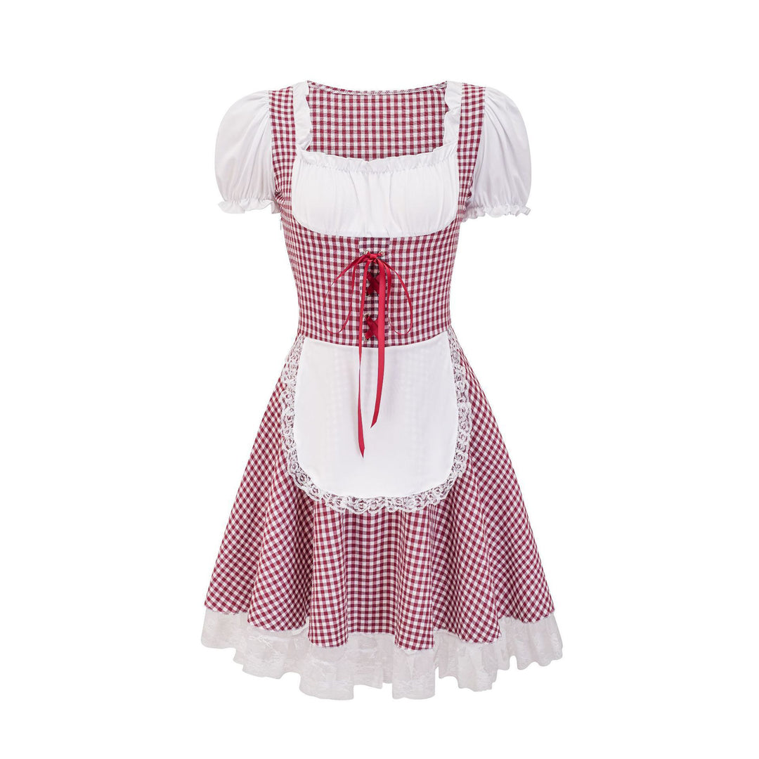 Damen nan Trachtenkleid im Vichy-Stil mit Puffärmeln, Schnürkorsett und Spitzenschürze EB
