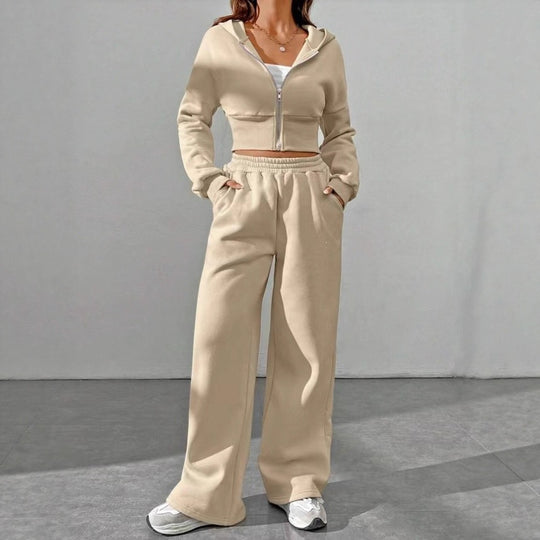 Damen nan kurzes Kapuzen-Sweatshirt mit Reißverschluss und weite High-Waist Jogginghose EB