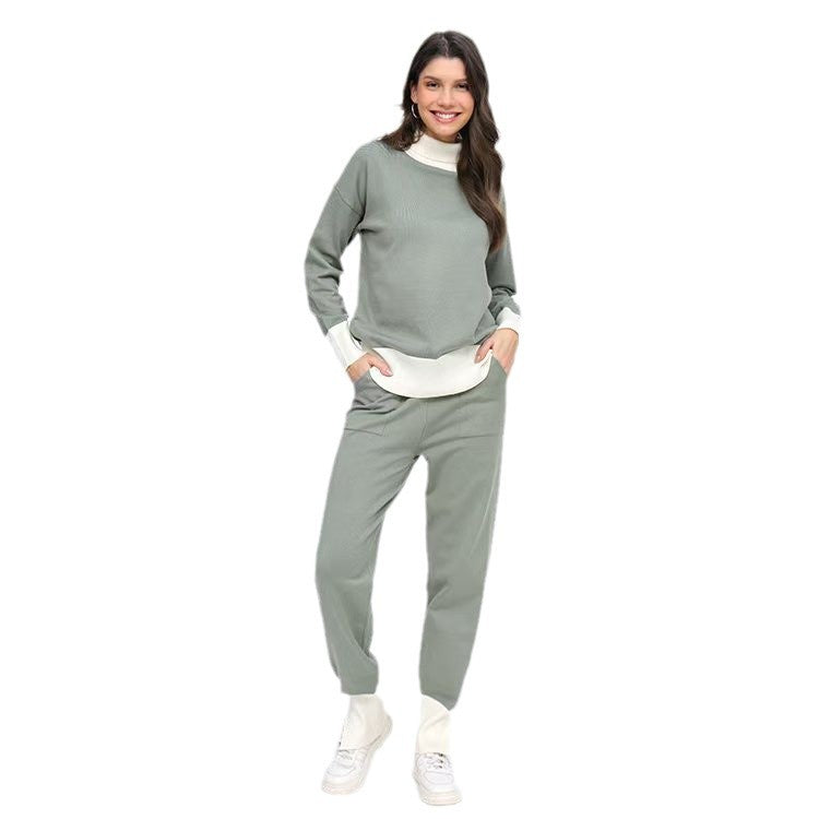Damen komfortables Strick-Loungewear-Set mit hohem Kragen und elastischen Bündchen EB