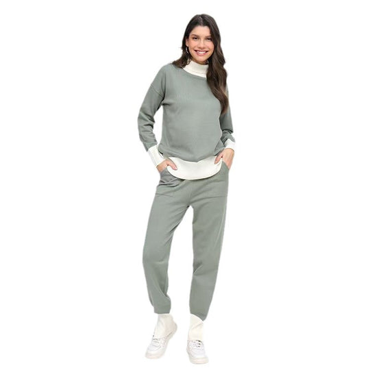 Damen komfortables Strick-Loungewear-Set mit hohem Kragen und elastischen Bündchen EB