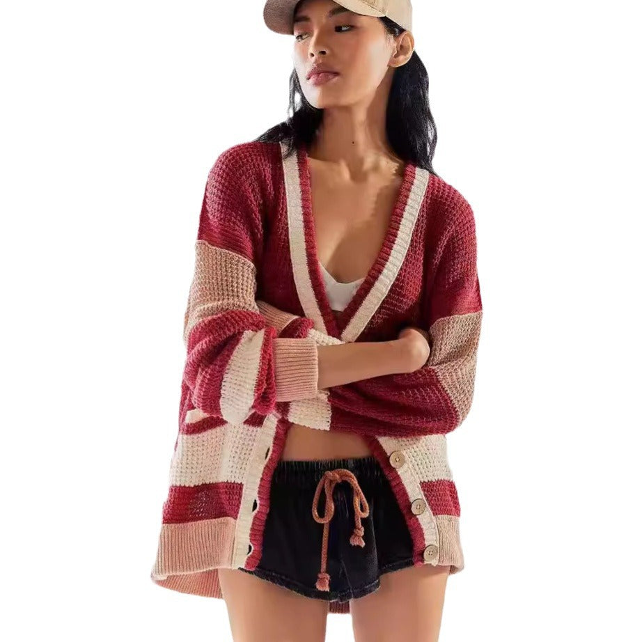Damen lässiger Strickcardigan mit großen Taschen und stilvollen Kontraststreifen EB