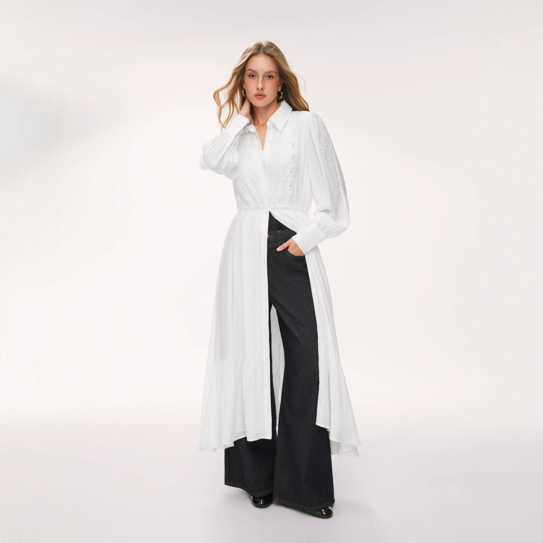 Damen Langes Hemdblusenkleid mit Spitzenbesatz, Taillierung und Stufenrock EB