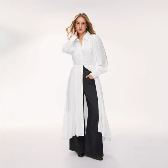 Damen Langes Hemdblusenkleid mit Spitzenbesatz, Taillierung und Stufenrock EB