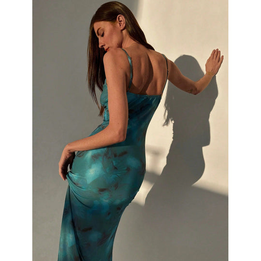 Damen Chiffon Maxikleid mit elegantem Wickeldesign und zarten Spaghettiträgern EB