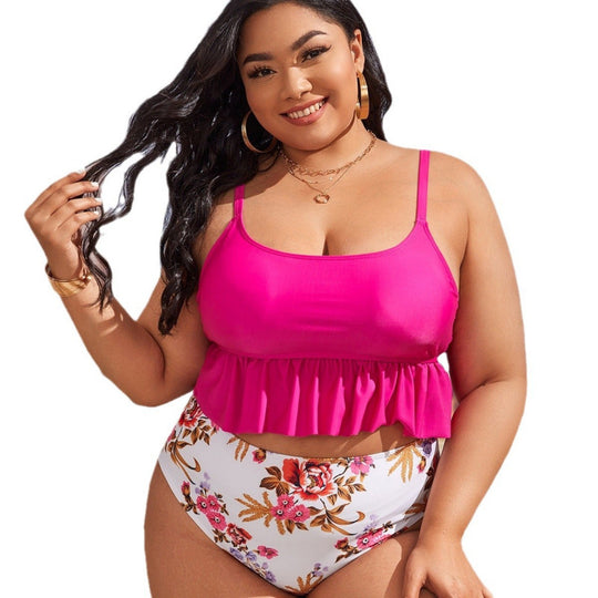 Damen Bikini-Set mit voluminösem Rüschendesign und floralem High-Waist-Slip EB