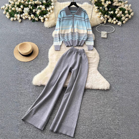 Damen modisches Freizeit-Loungewear-Set mit Reißverschluss und breitem Bein EB