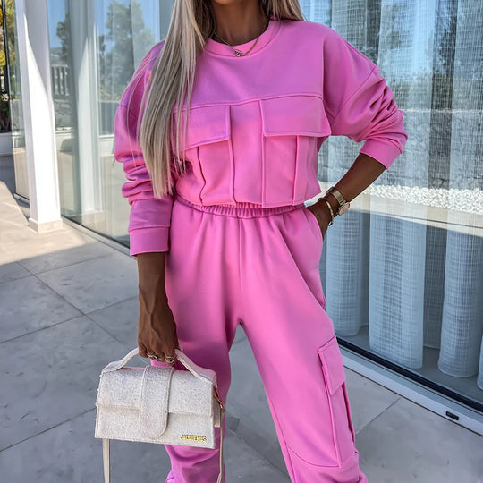 Damen Cargo-Loungewear-Set aus weicher Baumwollmischung mit hoher Taille und aufgesetzten Cargo-Taschen EB