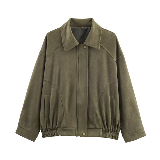 Damen nan oversized Velours-Bomberjacke mit Hemdkragen, verdeckter Druckknopfleiste und elastischem Saum EB