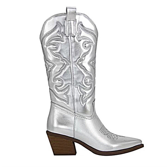 Damen nan metallische Westernstiefel mit mittelhohem Schaft dekorativer Stickerei und Seitenreißverschluss EB