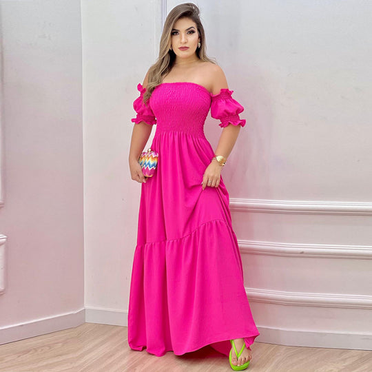 Damen Off-Shoulder Maxikleid mit voluminösen Puffärmeln und nostalgischer Raffung EB