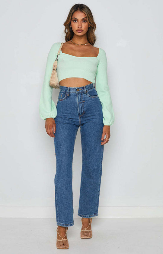 Damen lässiges Crop-Top mit weitem Arm und Rippstruktur EB