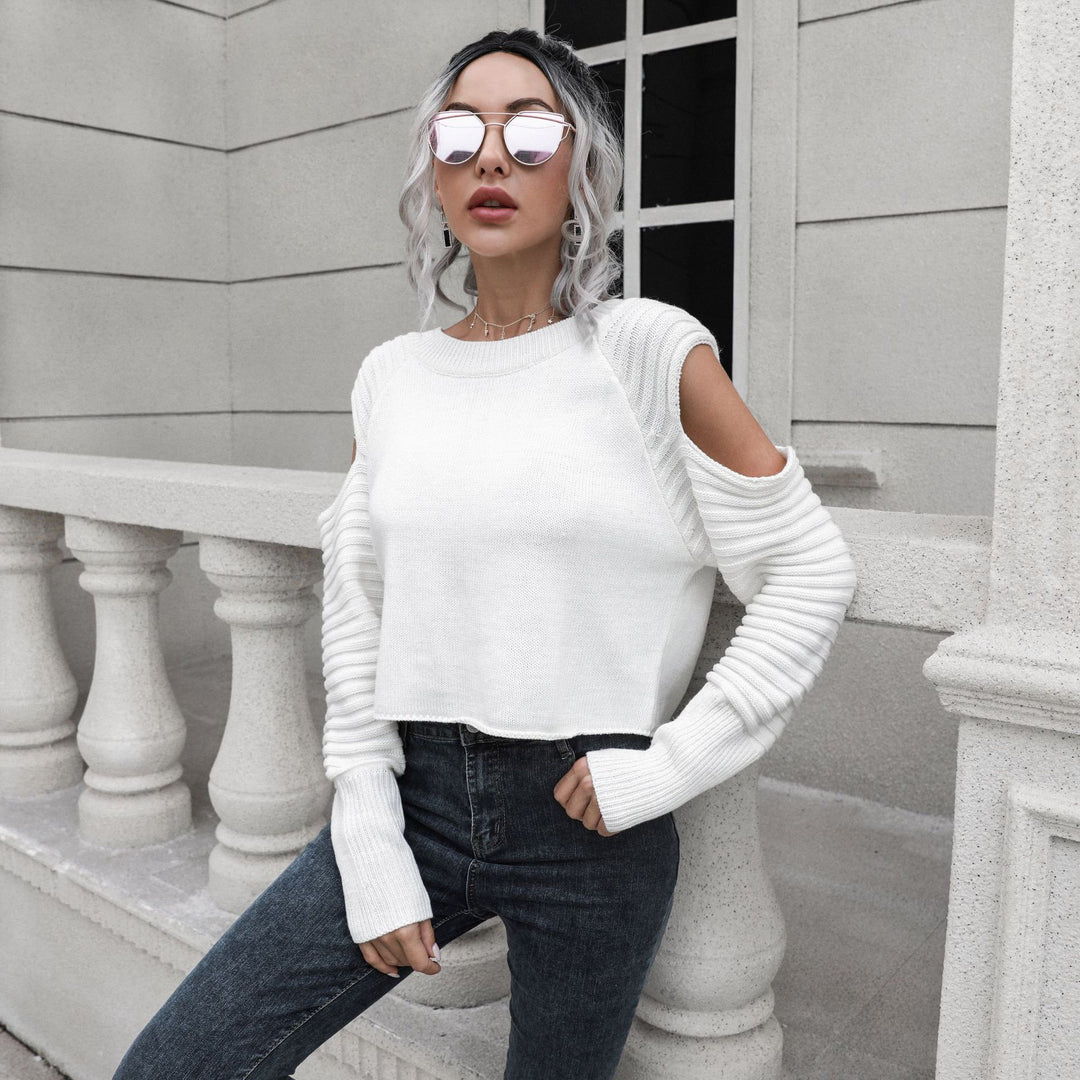 Damen Cropped Pullover mit offener Schulter und Rippstrickmuster EB