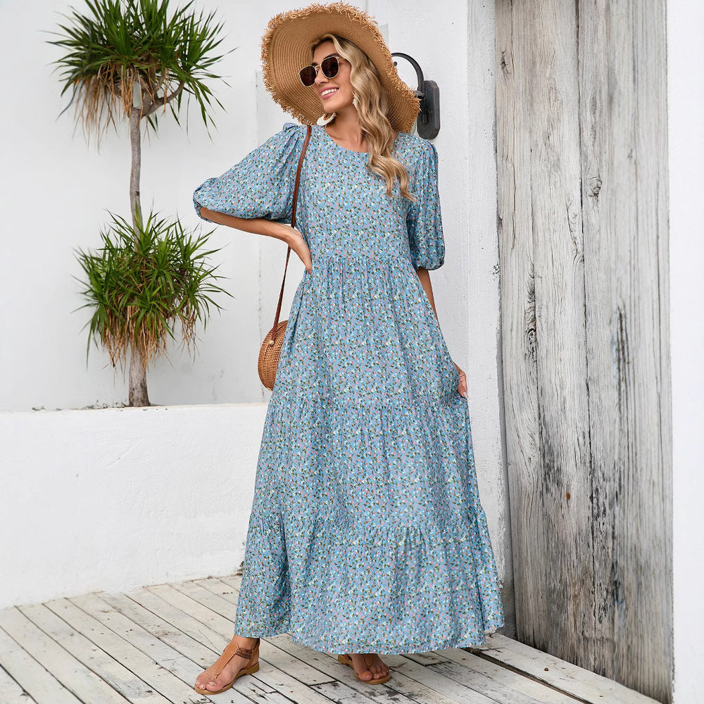 Damen Maxikleid mit Puffärmeln und voluminösem Saum EB
