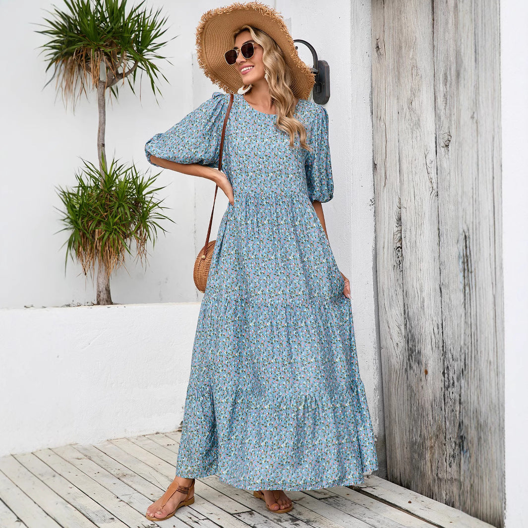 Damen Maxikleid mit Puffärmeln und voluminösem Saum EB