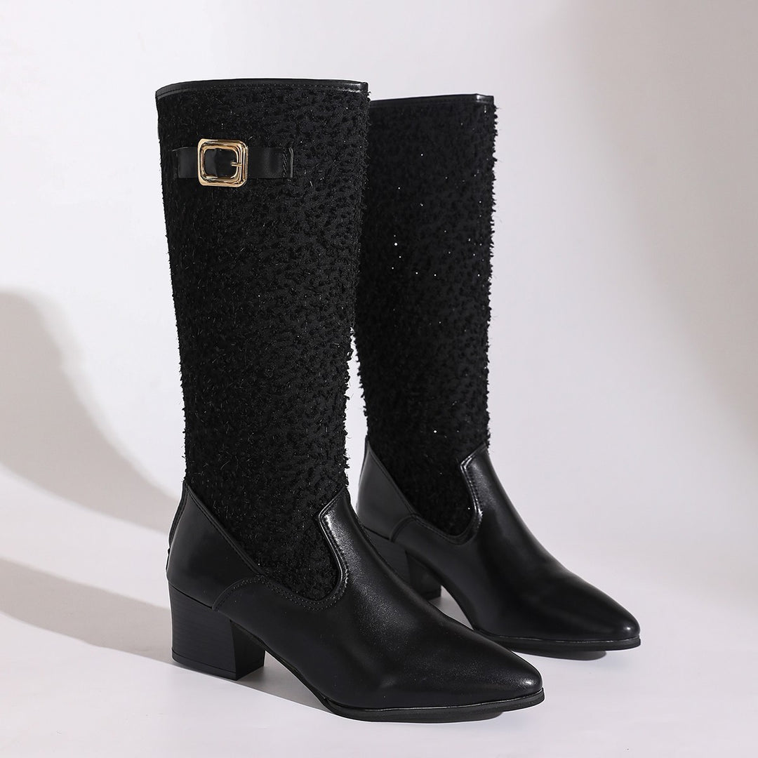 Damen modische Overknee-Stiefel mit elegantem Strickmuster und komfortablem blockiertem Absatz EB