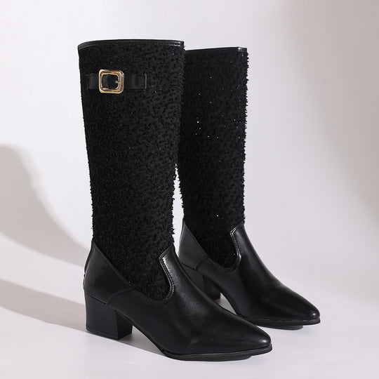 Damen modische Overknee-Stiefel mit elegantem Strickmuster und komfortablem blockiertem Absatz EB