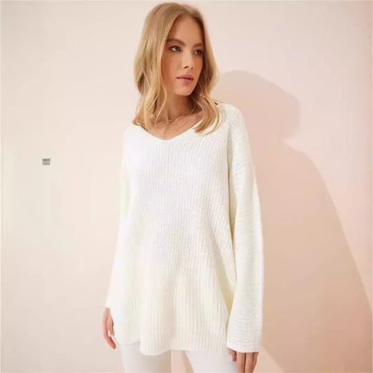 Damen lässiger V-Ausschnitt Pullover mit strukturiertem Strickmuster EB