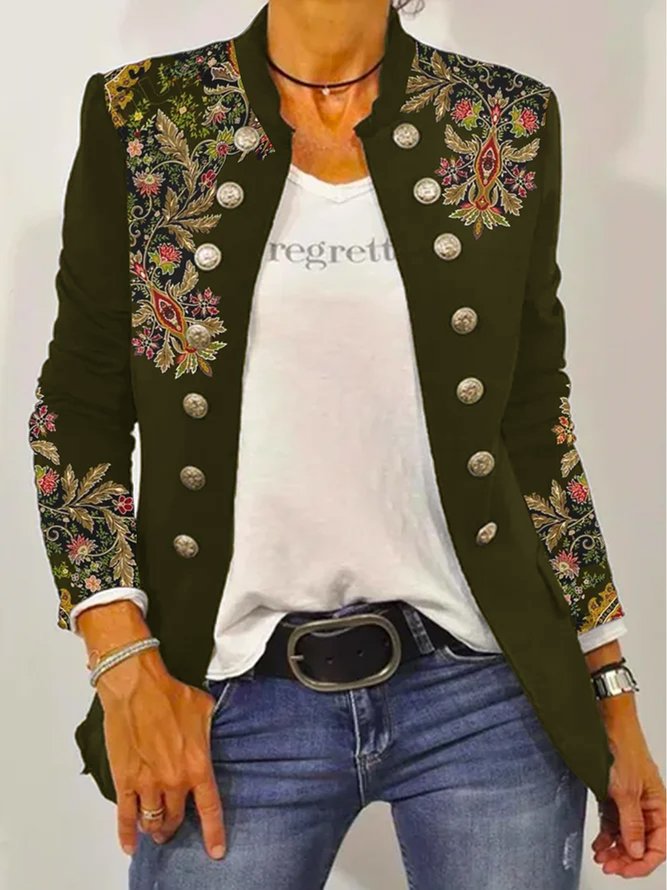 Damen Elegante Blazerjacke mit floralem Stickdesign und kontrastierenden Knöpfen EB