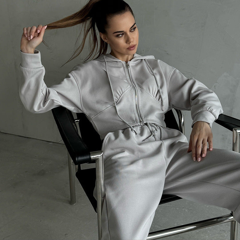 Damen kurzes Reißverschluss-Cropped-Hoodie mit hoher Bund Palazzo-Jogginghose Set EB
