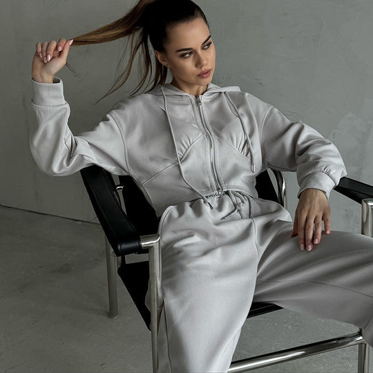 Damen kurzes Reißverschluss-Cropped-Hoodie mit hoher Bund Palazzo-Jogginghose Set EB