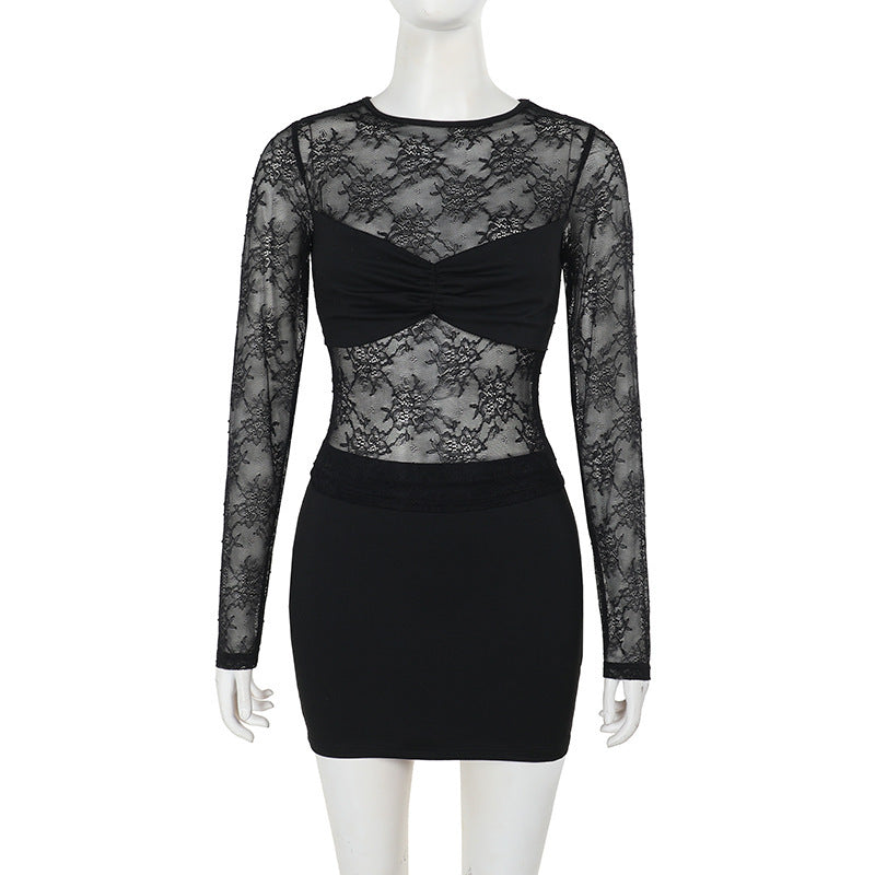 Damen Spitzenkleid mit transparentem Oberteil und figurformendem Design EB