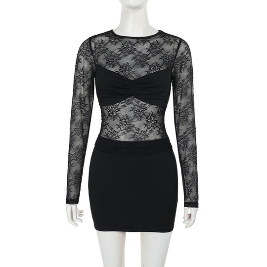 Damen Spitzenkleid mit transparentem Oberteil und figurformendem Design EB