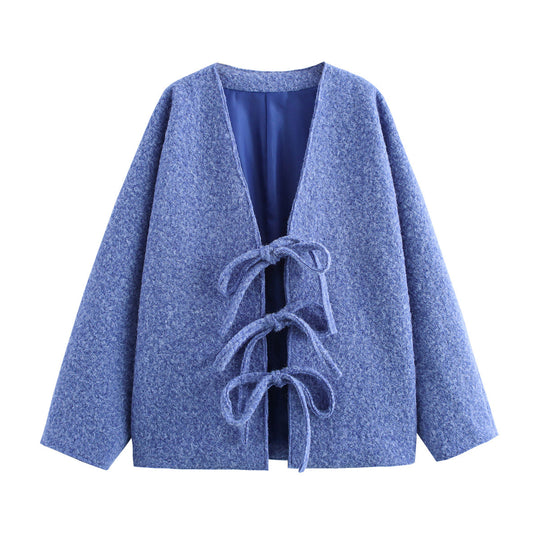 Damen Oversized Wolljacke mit dekorativen Schleifendetails EB