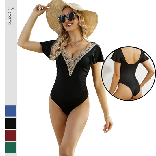 Damen Eleganter Badeanzug mit Volants und Spitzendetail EB