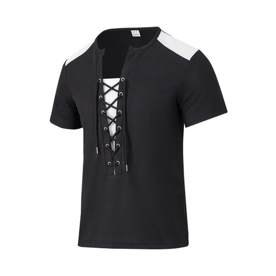 Herren Kurzarm-Henley-T-Shirt mit dekorativen Schnürdetails und atmungsaktiver Struktur EB