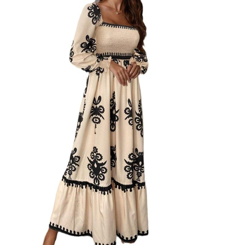 Damen Maxikleid mit Puffärmeln und elegantem Stickmuster EB